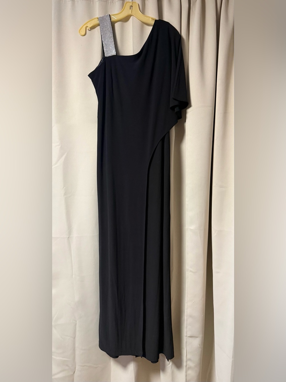 R & M Richards Black One-Shoulder Evening Jumpsuit with Rhinestone Strap